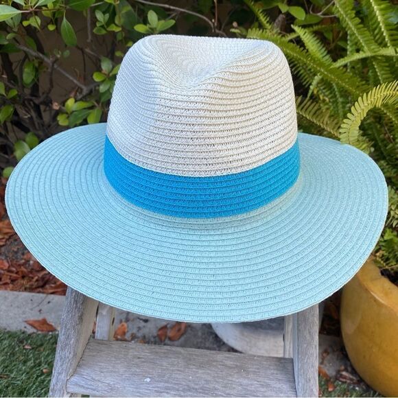 NWT Eugenia Kim Genie Billie Colorblock Packable Straw Fedora in Ivory/Teal/Mint